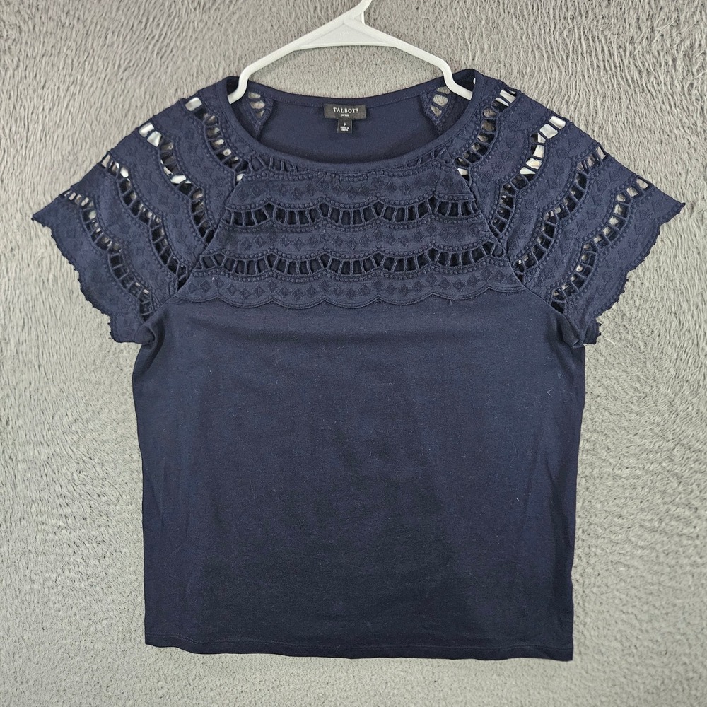 Talbots Petite Navy Blue Eyelet Lace Yoke Short Sleeve‎ Top Size P Cotton Modal
